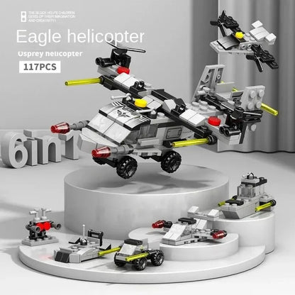 6-in-1 Police Truck Mech Dinosaur Building Blocks - Tank, Helicopter & Fire Truck Educational Toy