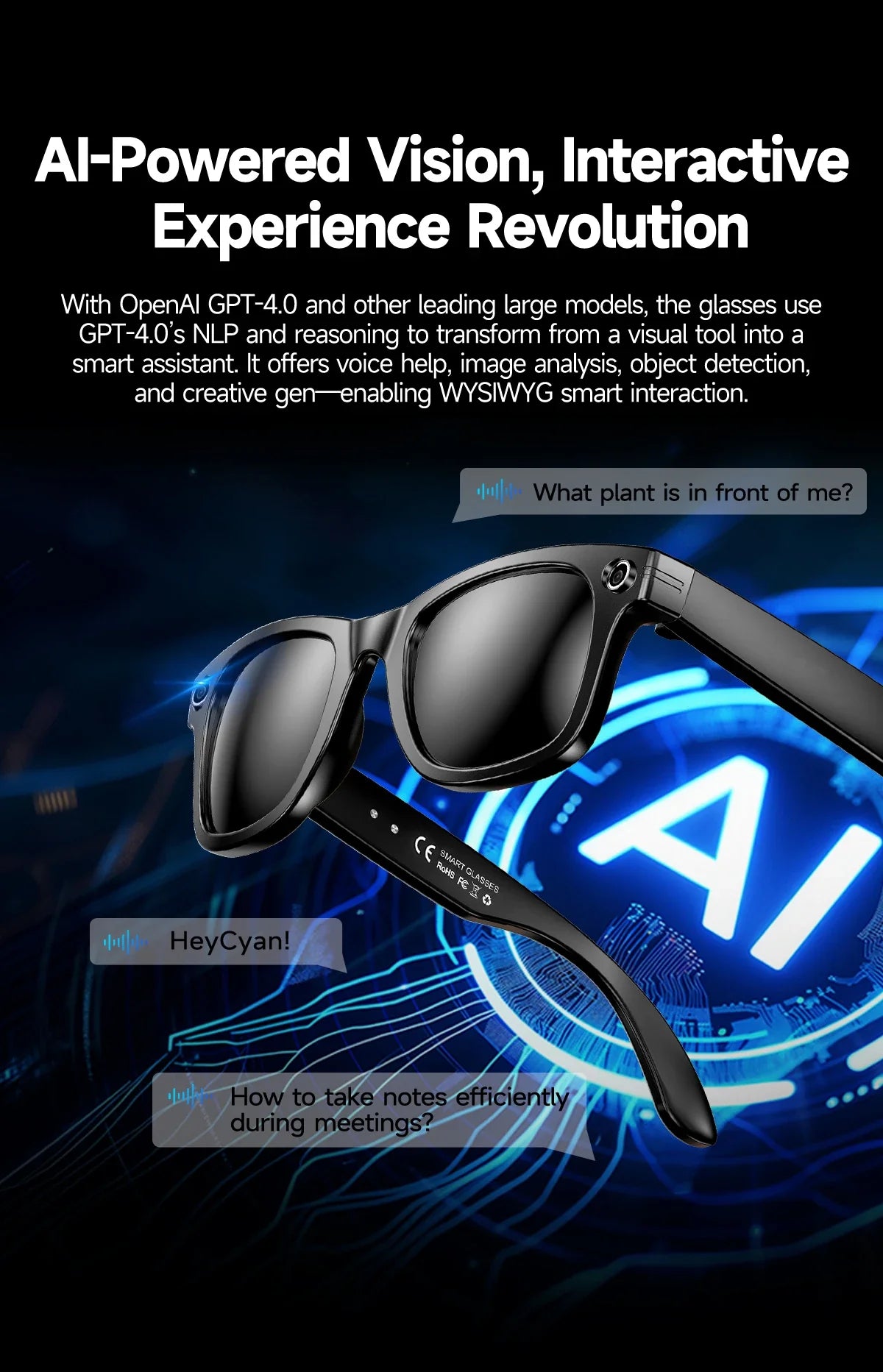 8MP Smart Glasses — AI Photo Recognition, Video Recording, Translation, Bluetooth, IP65 Waterproof, 270mAh Battery