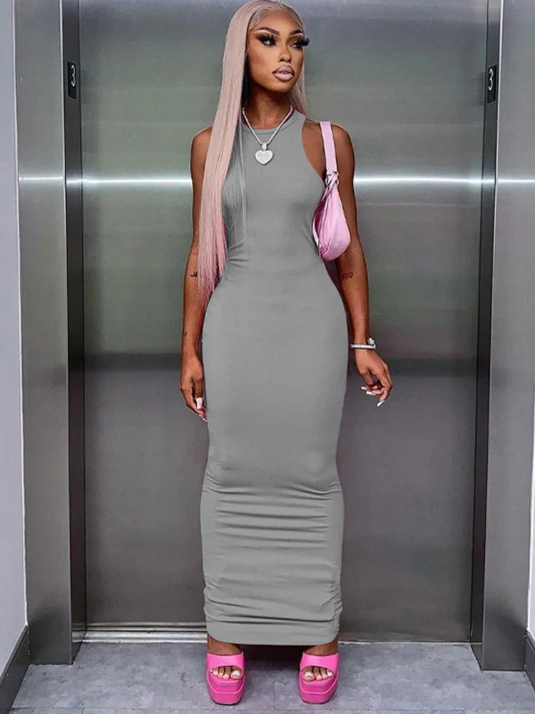 Hugcitar Ribbed Bodycon Maxi Dress - Y2K Sleeveless Sexy Club Party Streetwear Outfit for Women