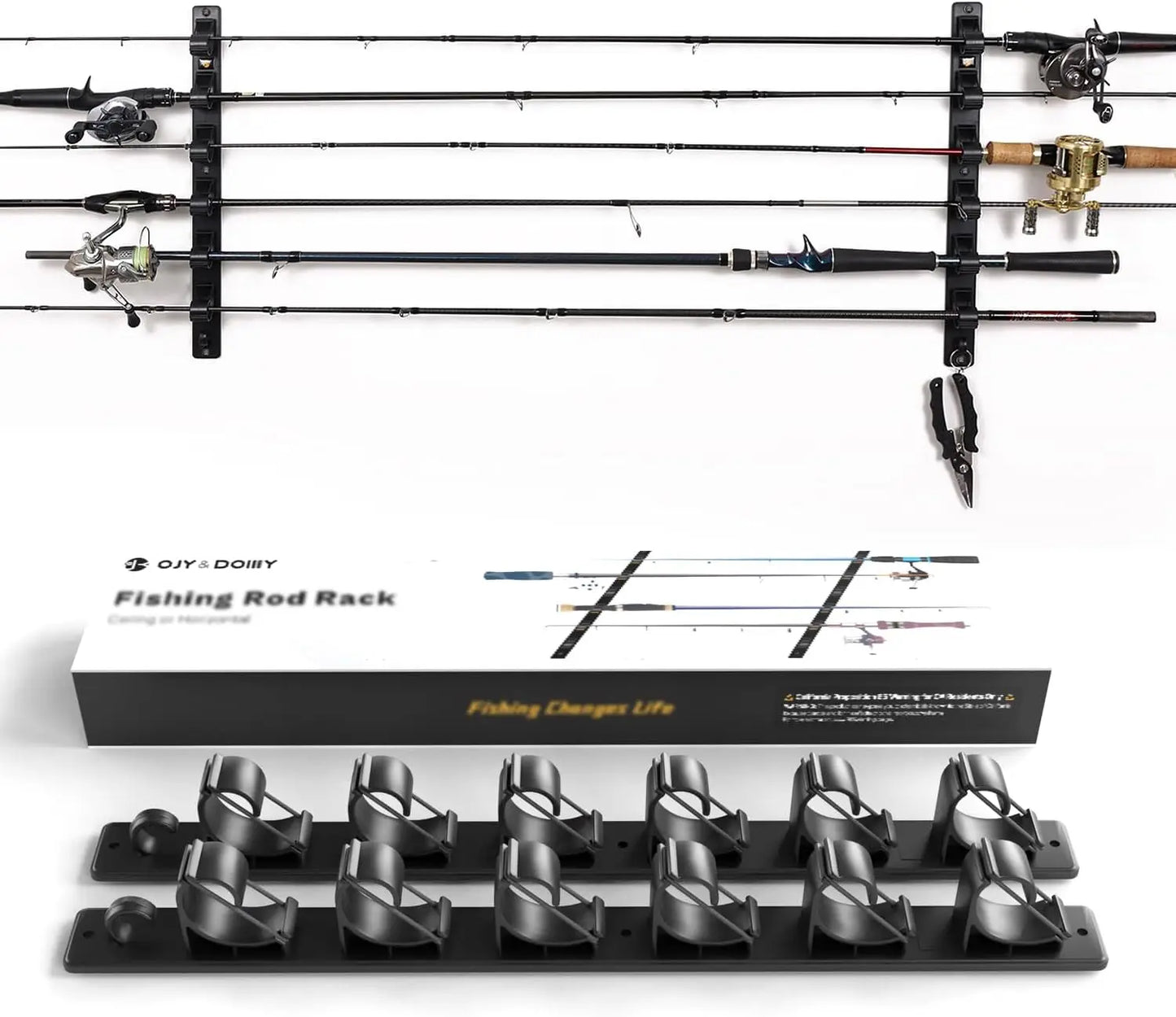 Wall Ceiling Fishing Rod Holder - 6 Rod Horizontal Storage Rack for Garage Organization & Tackle Gear