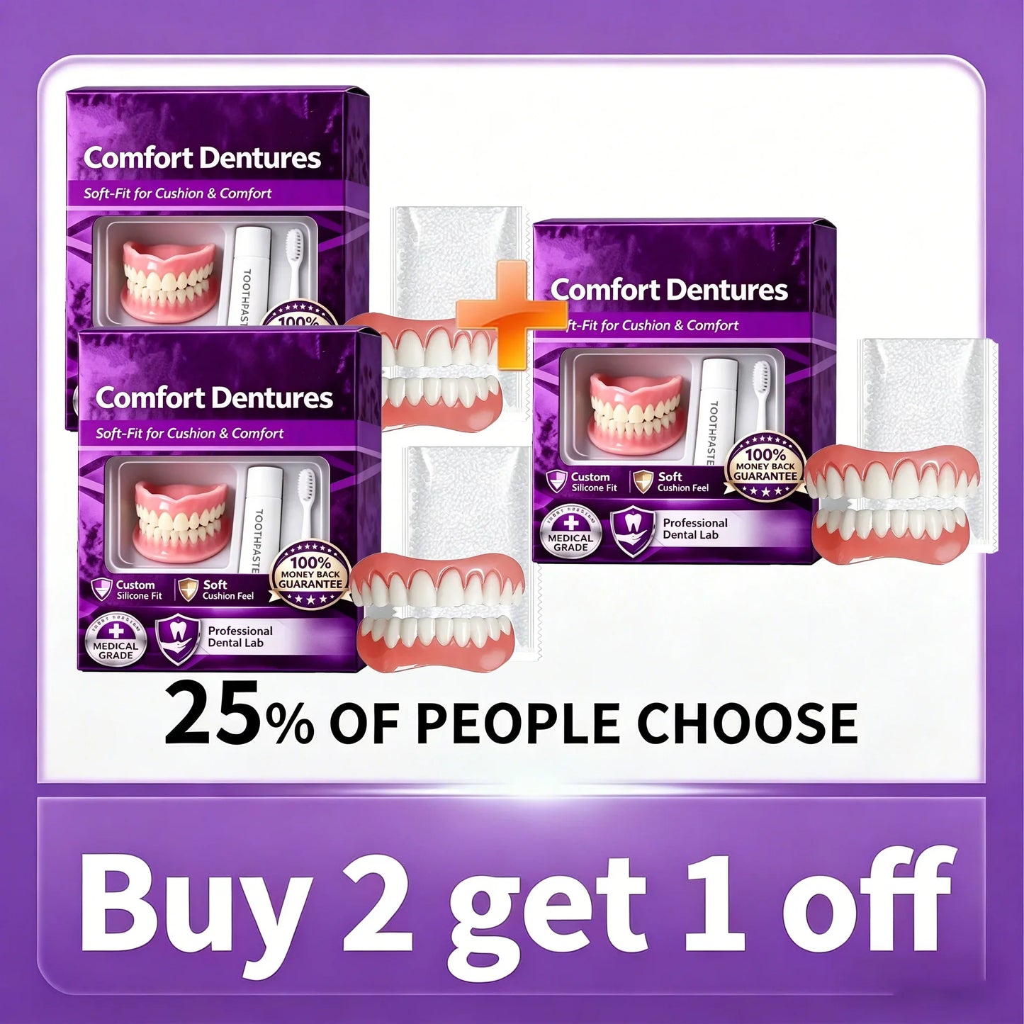 Full Set Natural Dentures - Upper & Lower Silicone Fake Teeth for Instant Smile & Oral Care