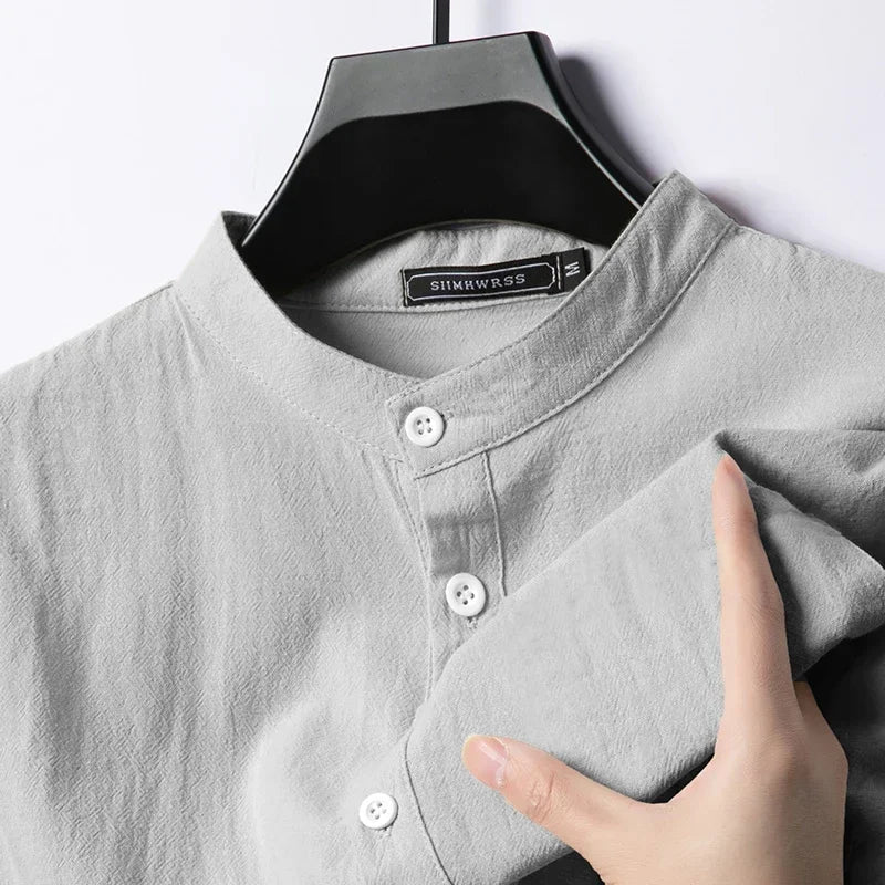 Men’s Linen Cotton Shirt - Lightweight Long Sleeve Henley Beachwear Hawaiian Style Breathable Top