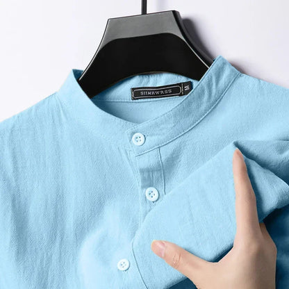 Men’s Linen Cotton Shirt - Lightweight Long Sleeve Henley Beachwear Hawaiian Style Breathable Top