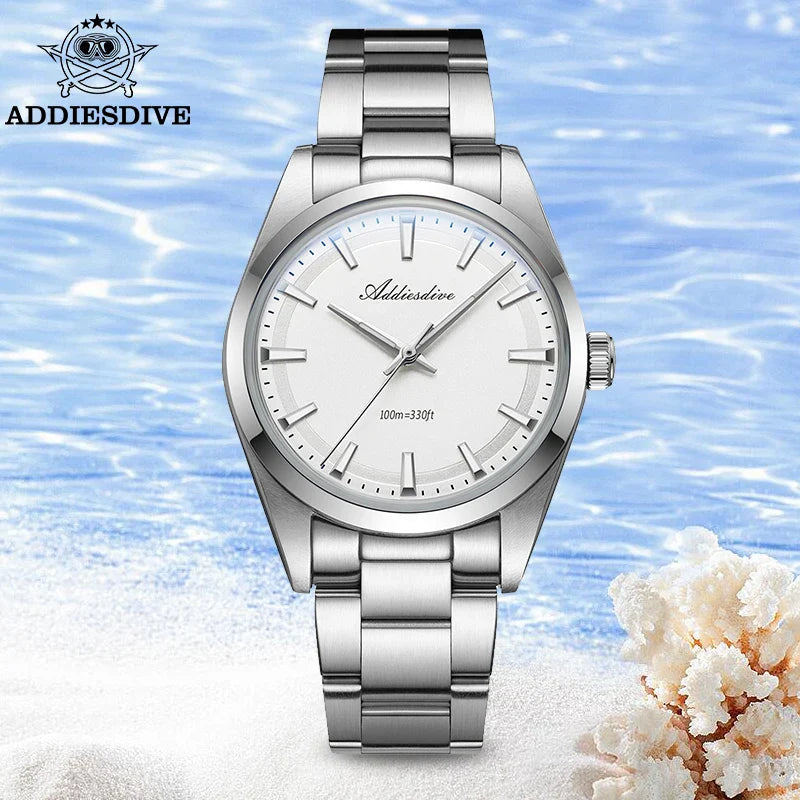 ADDIESDIVE Men's Luxury Quartz Watch – VH31, 100m Waterproof, Green AR Coating, Luminous, 316L Stainless Steel, 36mm
