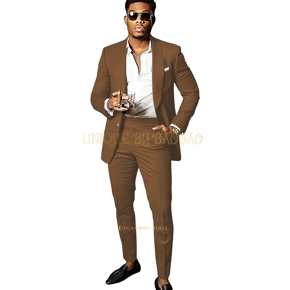 Men's Brown 2 Piece Suit - Shawl Collar Single Breasted Tuxedo Blazer & Pants Set For Wedding, Business & Formal Events
