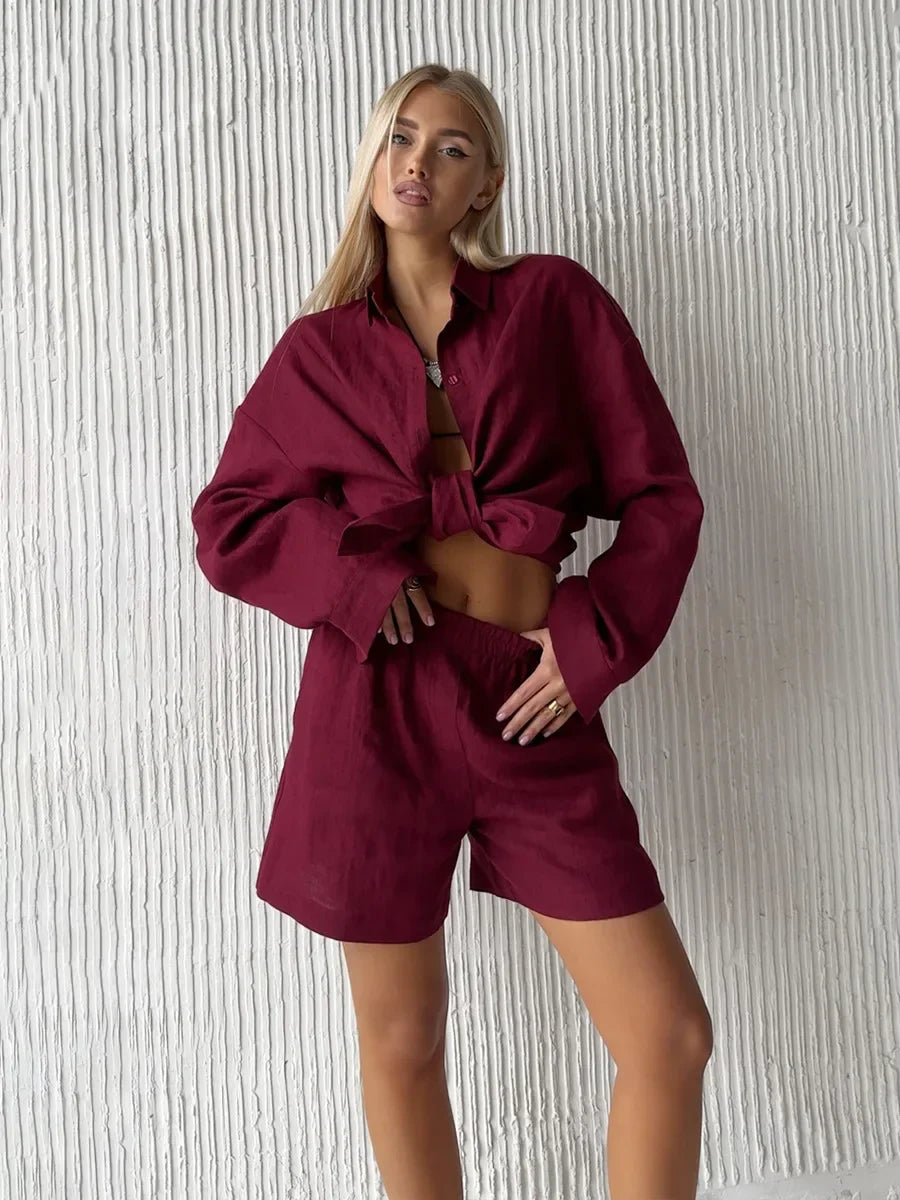 Bornladies Women’s Cotton Two-Piece Set – Solid Color Long Sleeve Shirt & Elastic Waist Shorts for Casual/Vacation