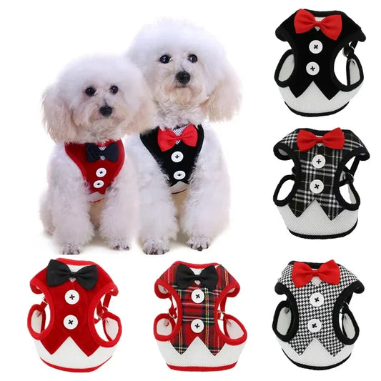 Elegant Bowtie Pet Harness Vest - Adjustable Cat Dog Leash Set Cute Tuxedo Bowknot Suit for Puppy Kitten