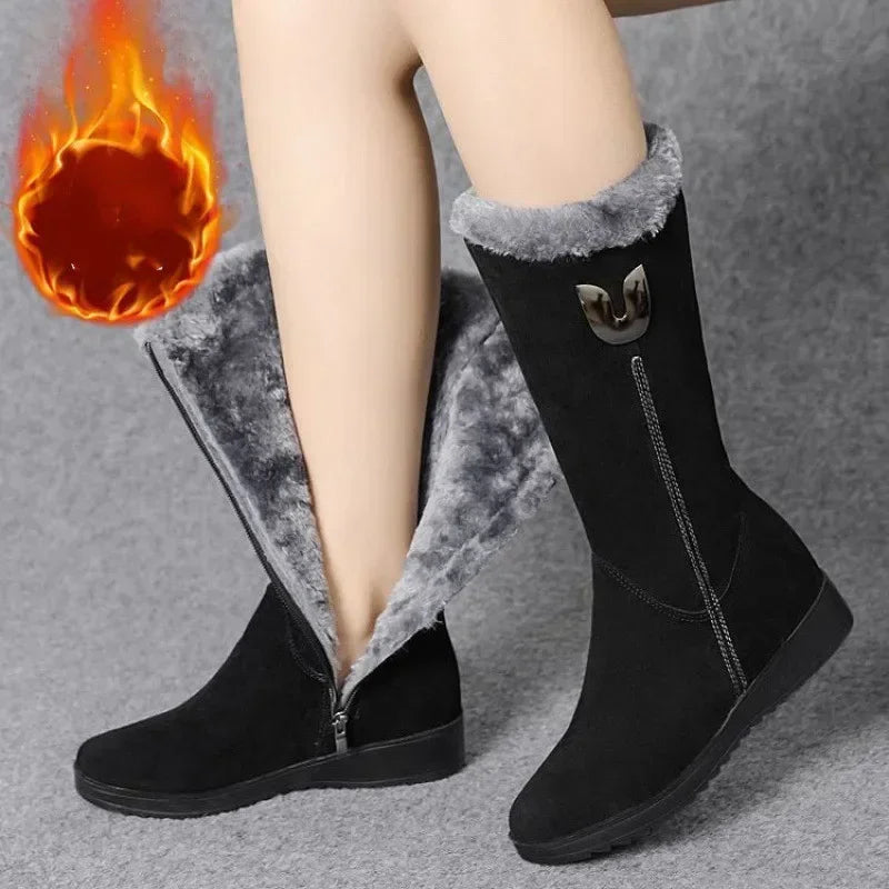 Warm Chelsea High Fur Boots for Women – 2025 Winter Chunky Mid-Calf Plush Snow Boots with ZIP, Fashion Botas De Mujer