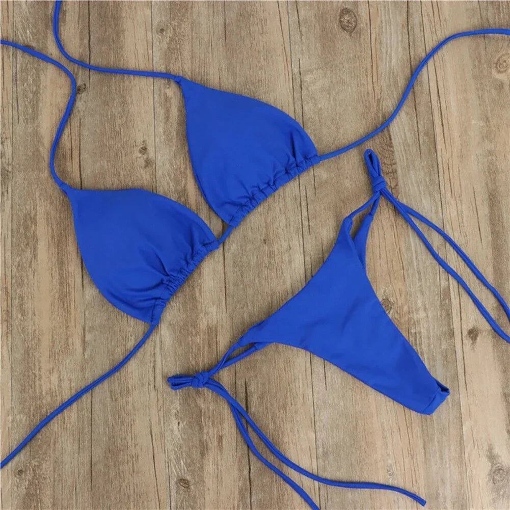 3-Piece Sexy Halter Bikini Set - Solid Color Thong Swimsuit for Beach & Swimwear