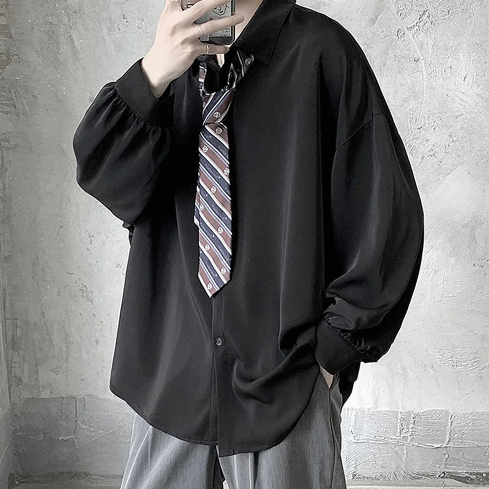 Men’s  Oversized Shirt - Loose Fit Long Sleeve Casual Black Tie Breathable Harajuku Top