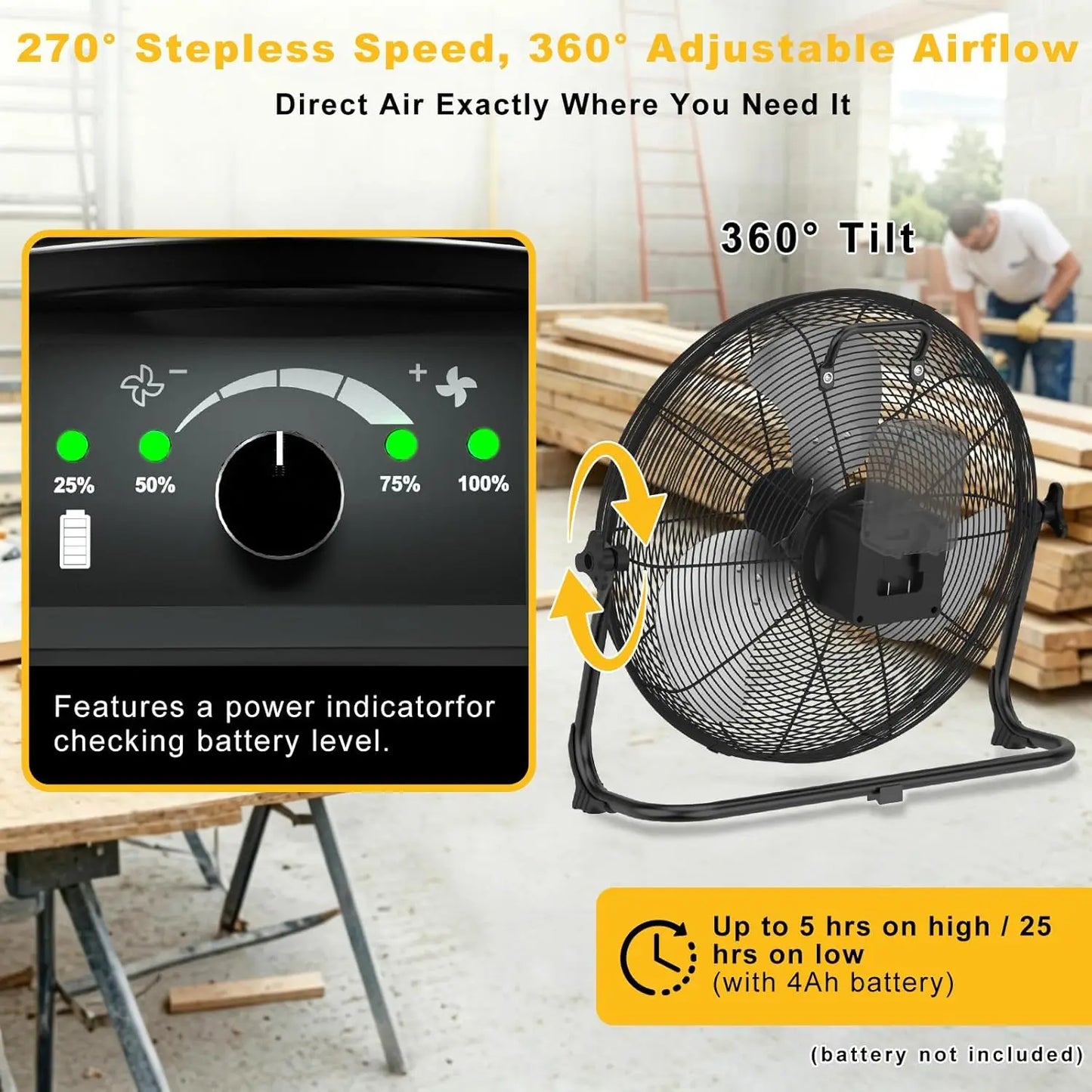 Cordless Floor Fan - 12/16-Inch Portable Fan Compatible with DeWalt 20V Max Batteries