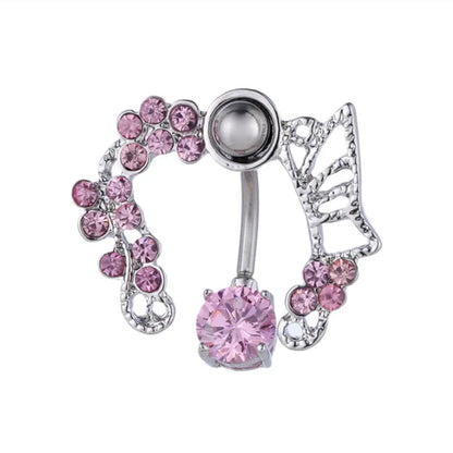 Pink Crown Belly Button Ring – Stainless Steel Heart Navel Piercing Barbell with Crystal for Women & Girls