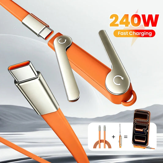2-in-1 Foldable Phone Holder with USB-C to USB-C 240W Fast Charging Cable – Dual PD High-Speed Data & Charging Stand Cable for Mobile Devices