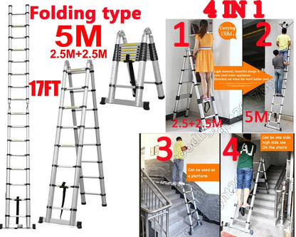 16.5FT (5M) Telescopic Aluminium Ladder – Extendable Folding Ladder with Non-Slip Steps, 150kg Load Capacity