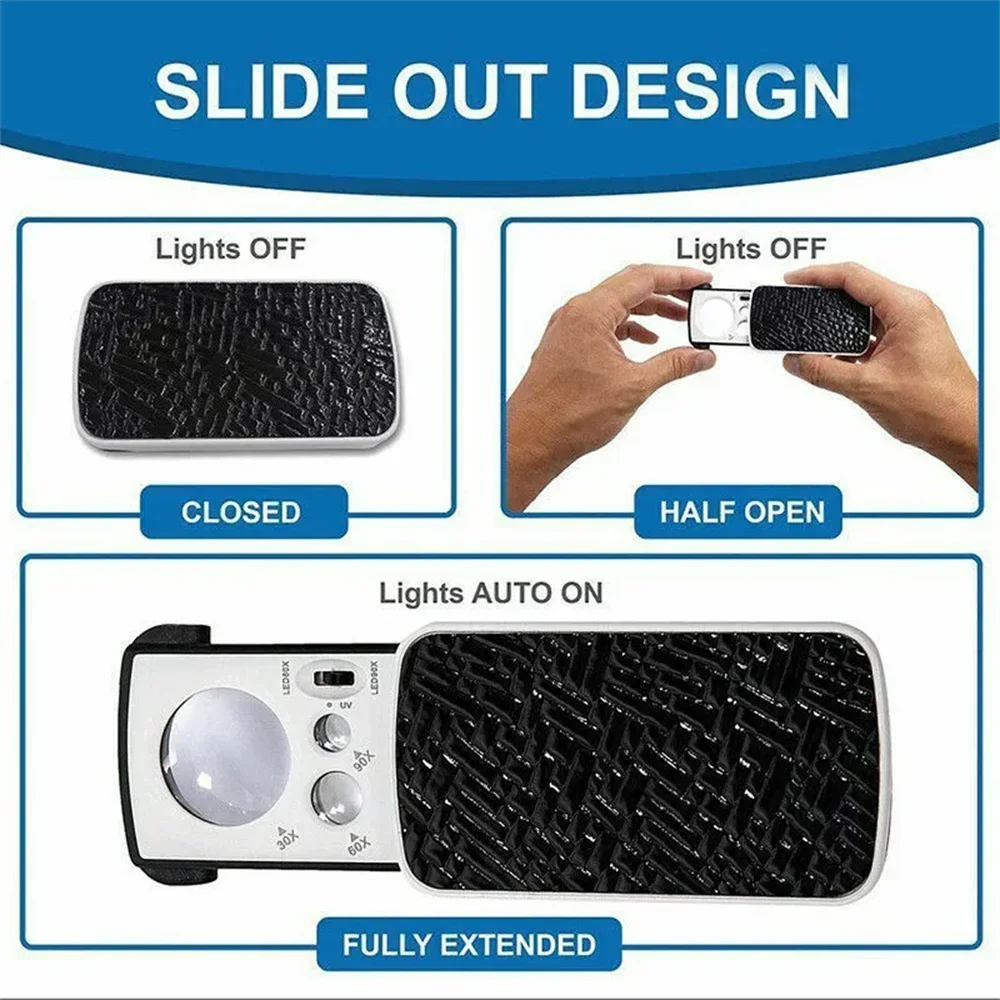 30X-90X LED UV Jewelry Loupe - Portable Triplex Magnifier for Gemology Micro Engraving and Precision Inspection