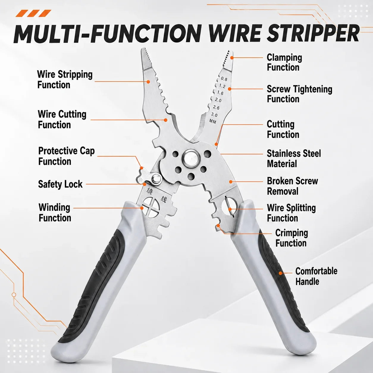8.5 Inch Heavy Duty Wire Stripper Pliers - Stainless Steel Electrical Cutter and Crimper Tool with Ergonomic Grip