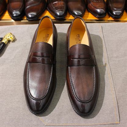 Men’s Genuine Leather Loafers - Comfortable Casual Shoes with Rubber Sole and Braided Pattern Size 39-46