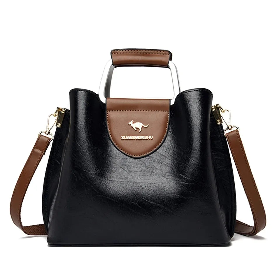 Women’s Soft Leather Luxury Handbag – Designer 3-Layer Large Capacity Shoulder & Crossbody Tote Bag