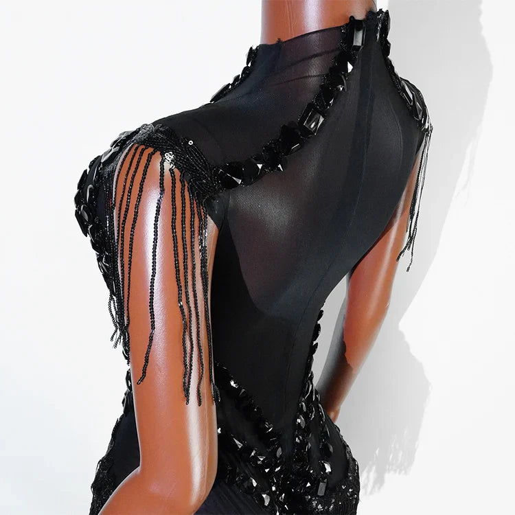 Sexy Shiny Silver Sequin & Black Spandex Jumpsuit — 2025 Women’s Prom, Dancer & Stage Performance Costume