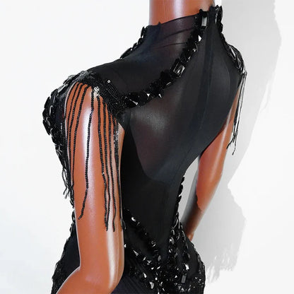 Sexy Shiny Silver Sequin & Black Spandex Jumpsuit — 2025 Women’s Prom, Dancer & Stage Performance Costume