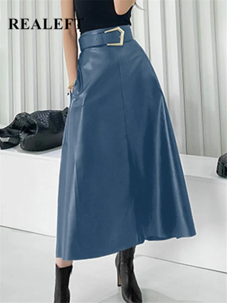 High Waist Faux Leather Long Skirt for Women – REALEFT Belted PU Leather Umbrella Skirt Autumn Winter Fashion