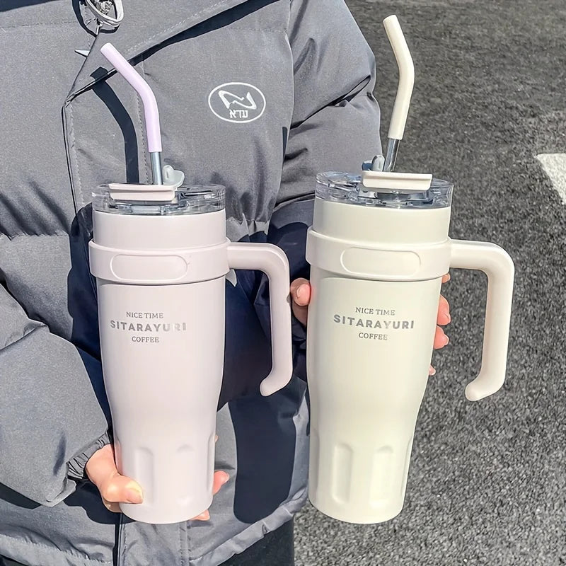 Large Capacity 38.55oz Stainless Steel Water Cup — Car & Office Insulated Straw Tumbler