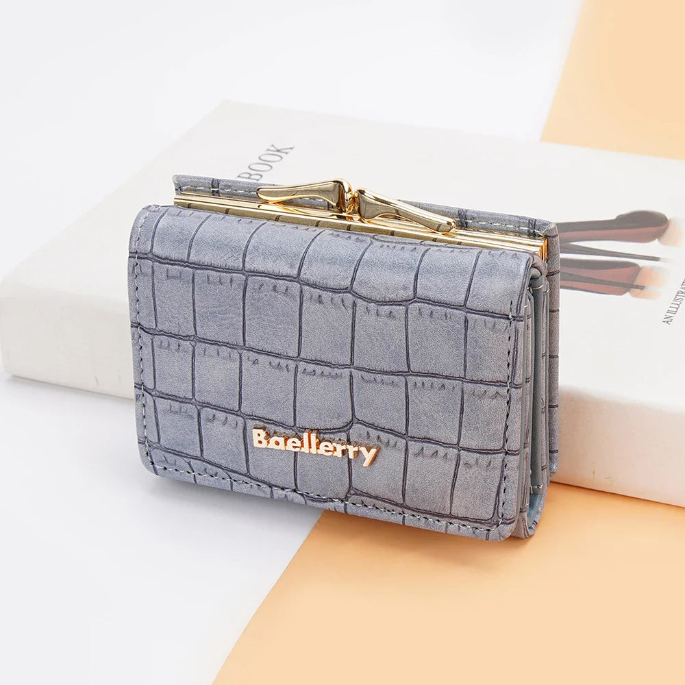 Baellerry Short Women’s Wallet — Crocodile Pattern Coin & Card Holder with Photo Slots, Hasp Purse for Girls