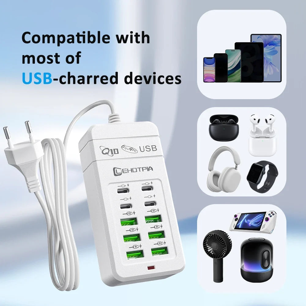 Multi-Port USB Fast Charger - EU UK US Plug 10-Port Power Adapter with 6 USB-A & 4 USB-C Ports Cable