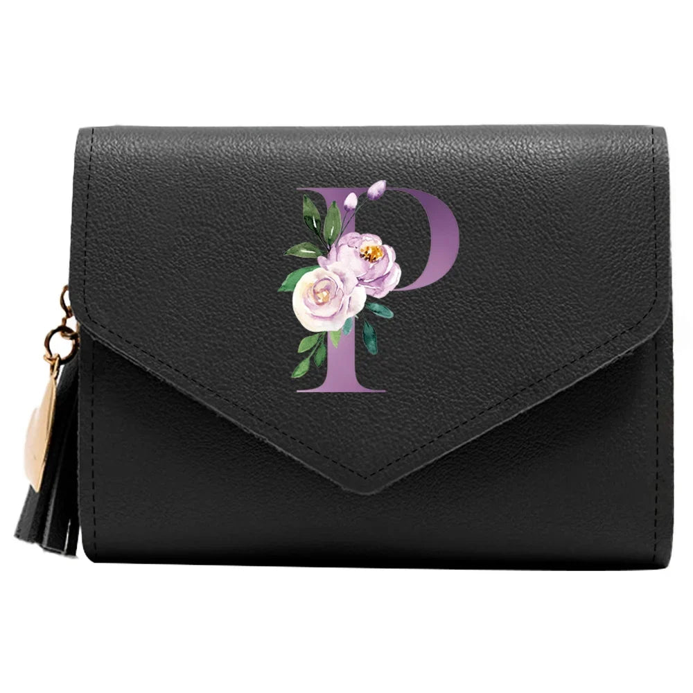 Women's RFID Leather Wallet - Compact Luxury Mini Purse With ID Window, Purple Letter Pattern & Card Holder Design