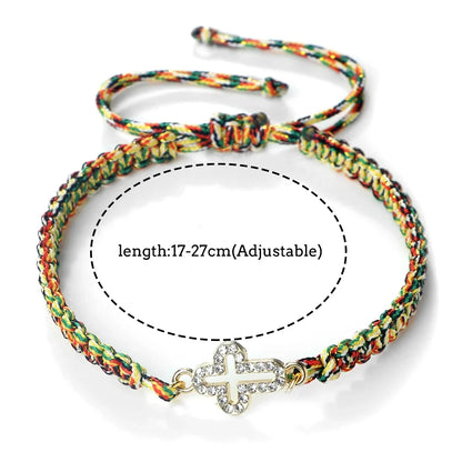 Crystal Hollow Cross Bracelet - Braided Prayer Healing Bangle Jewelry Gift for Women & Yoga Lovers