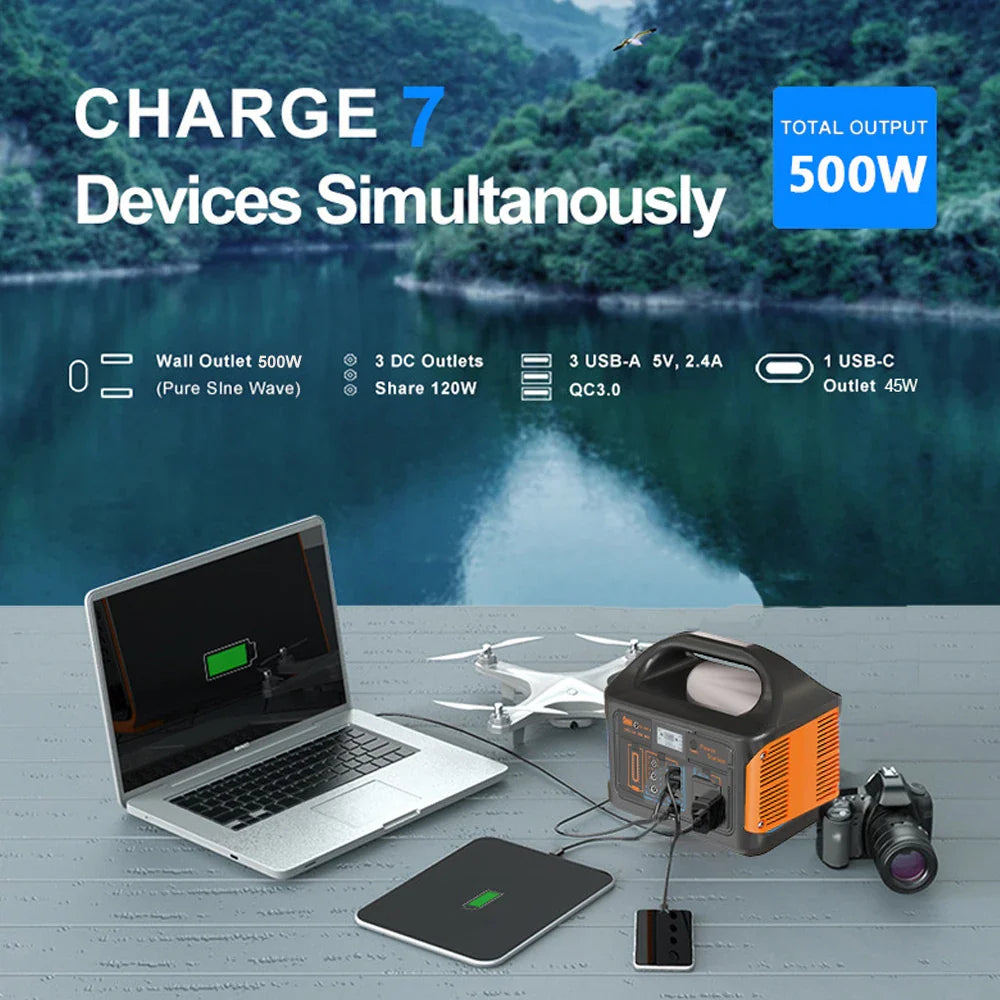 300W/500W Portable Solar Power Station – 460Wh LiFePO4 Battery Energy Storage with 110V/220V Output & LED for Camping, RV, and Travel