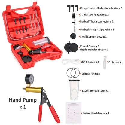 2 in 1 Brake Bleeder & Vacuum Pump Kit - Auto Brake Fluid Bleeding, Test, Purge, and Coolant Refill Tool with Gauge & Adapters