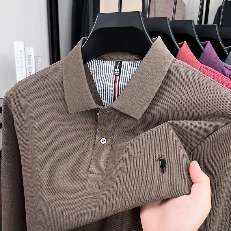 Men's 100% Cotton Long Sleeve Polo Shirt - Embroidered Business Casual Fashion Polo