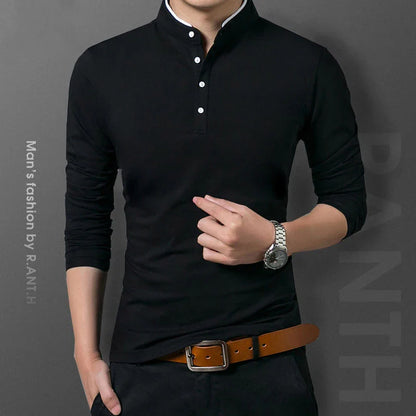 Men's Business Casual Long Sleeve Polo T-Shirt - Summer Comfortable and Breathable Solid Cotton Top