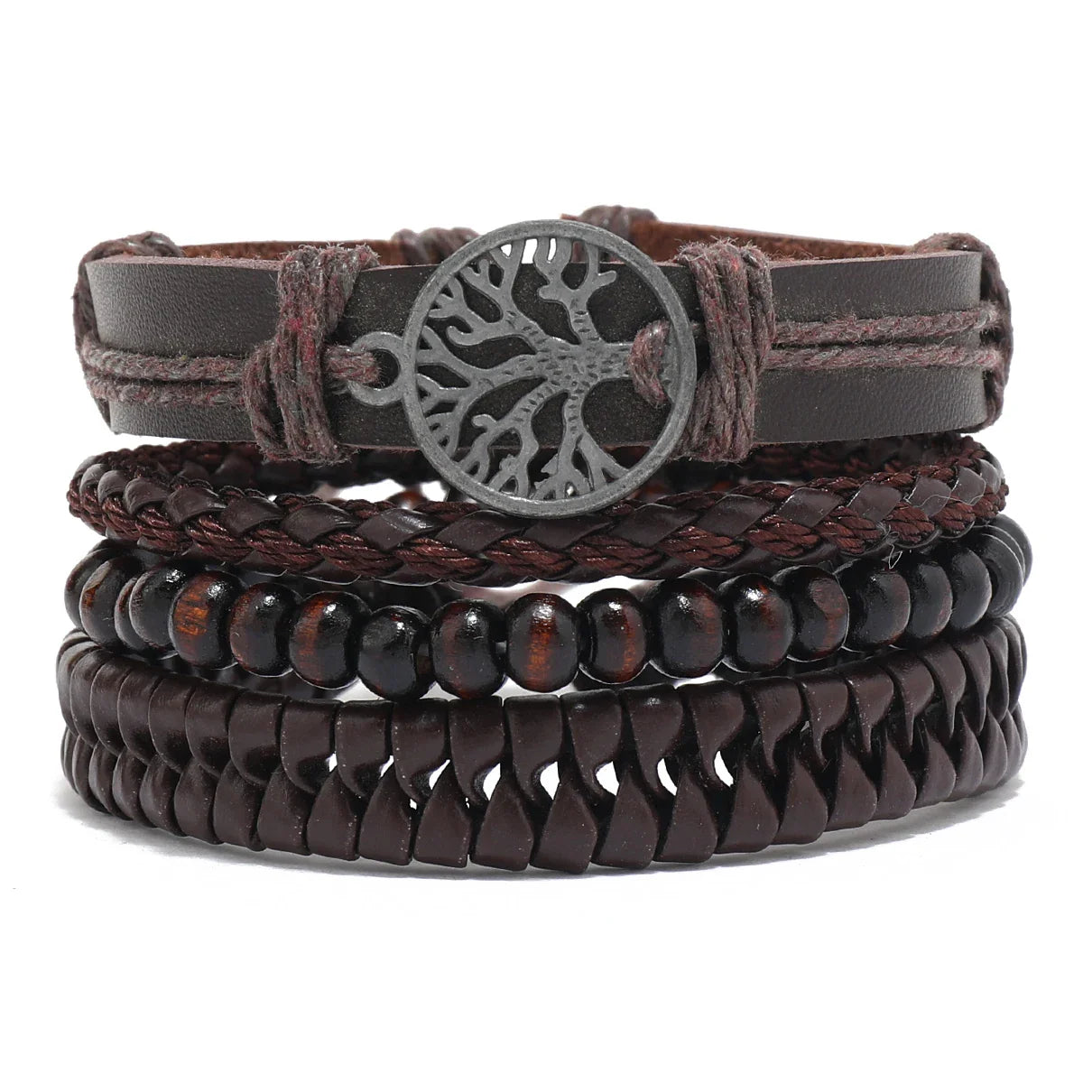 4Pcs Men's Braided Leather Bracelets Set – Vintage Life Tree & Rudder Charms, Wood Beads, Ethnic Tribal Wristbands