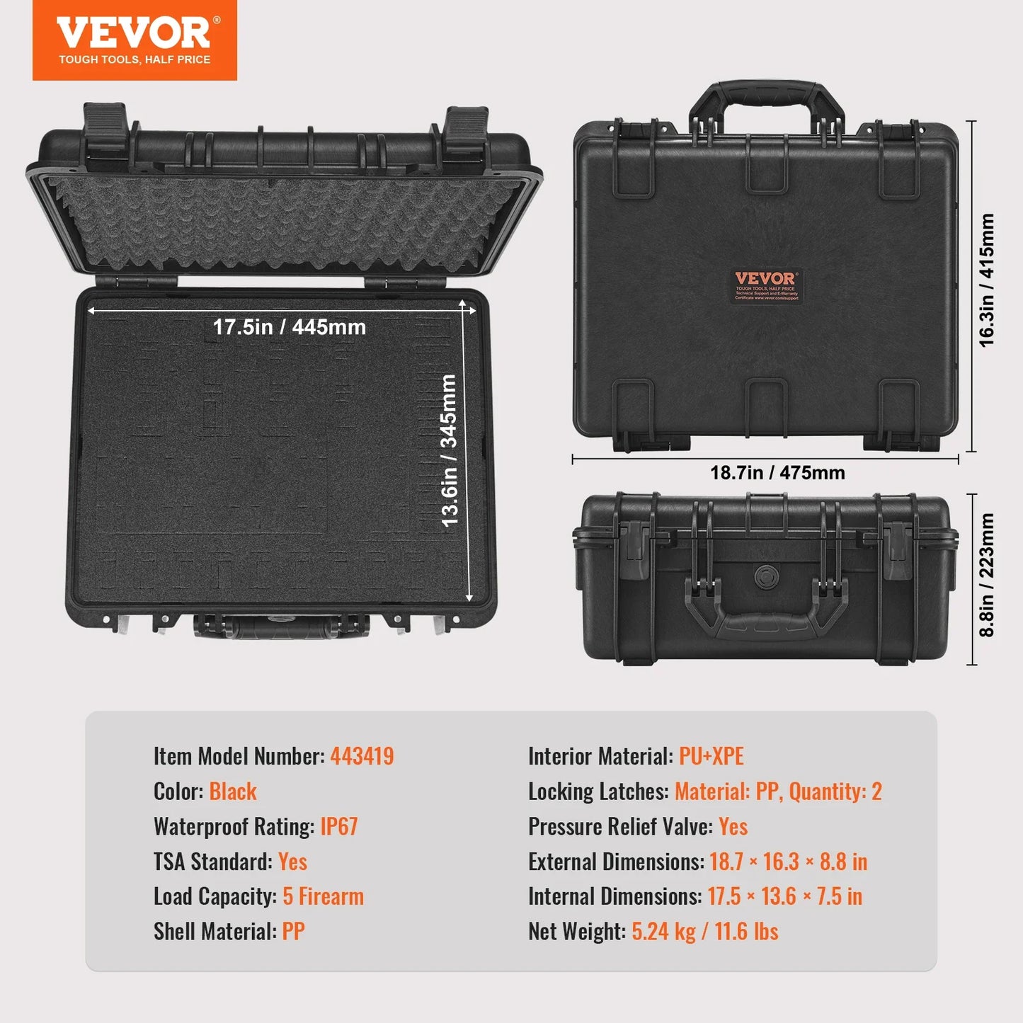 VEVOR Hard Pistol Case — Waterproof Dustproof Lockable Gun Case with Pre-Cut PU Foam for 1/2/5/6 Pistols