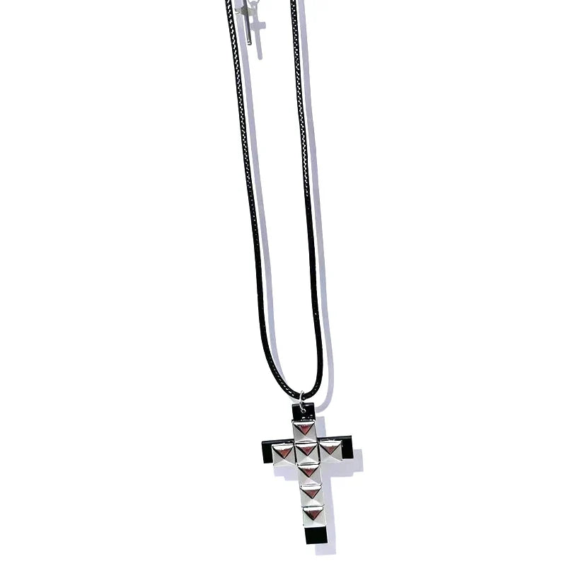 Punk Rivet Cross Pendant Necklace - Gothic Grunge Rock 90s Style Jewelry