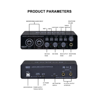 BOMGE U202 USB Audio Interface – Mic Preamplifier with XLR/TS/TRS Ports, 48V Phantom Power, 32-Bit/192kHz for Computer Recording & Streaming