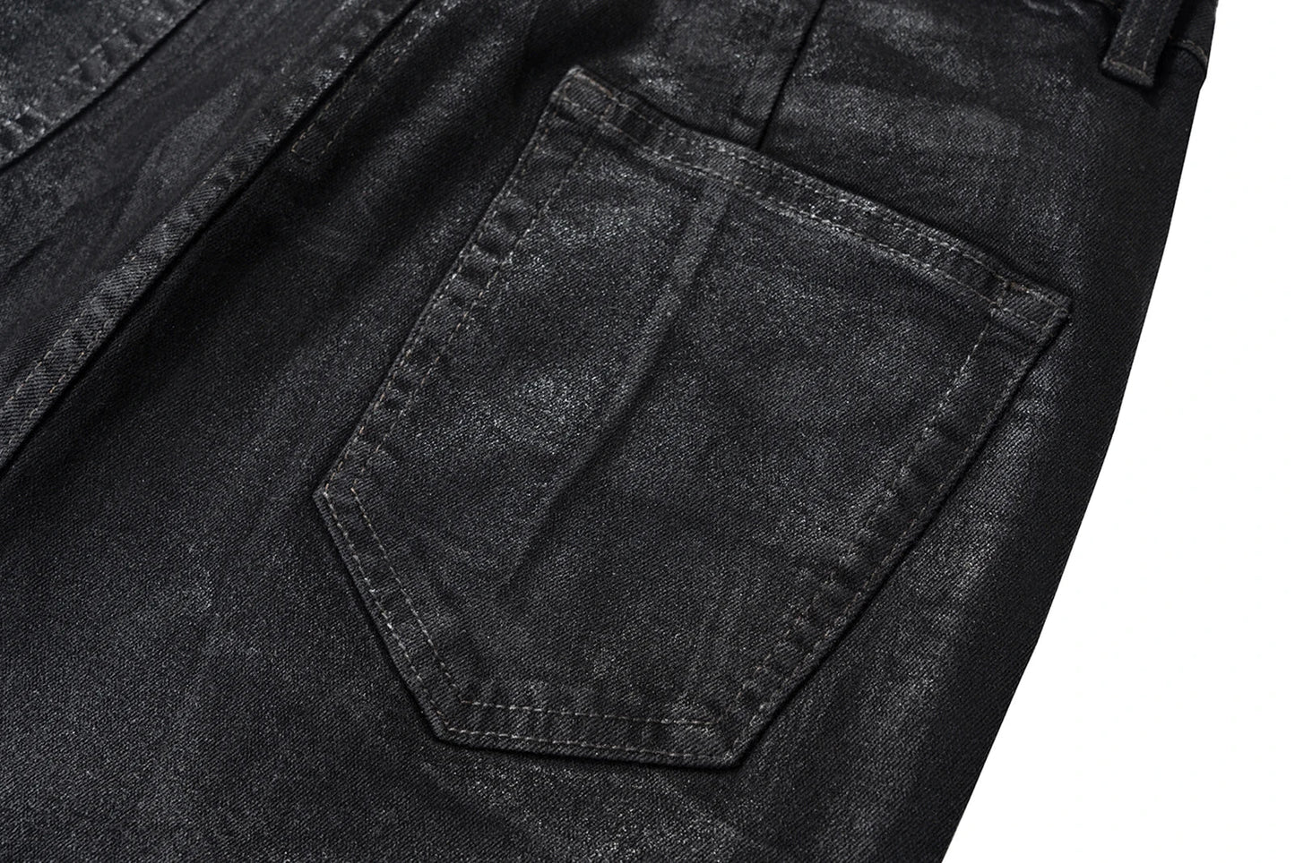 Men’s Streetwear Black Wax Leather Stretch Jeans — Baggy Y2K Flare Oversized Straight Denim Trousers