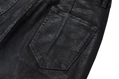 Men’s Streetwear Black Wax Leather Stretch Jeans — Baggy Y2K Flare Oversized Straight Denim Trousers