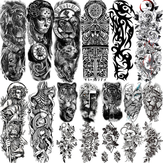 Full Arm Temporary Tattoo Sleeve - Realistic Warrior Lion Tiger Flower & Maori Design Fake Tattoos