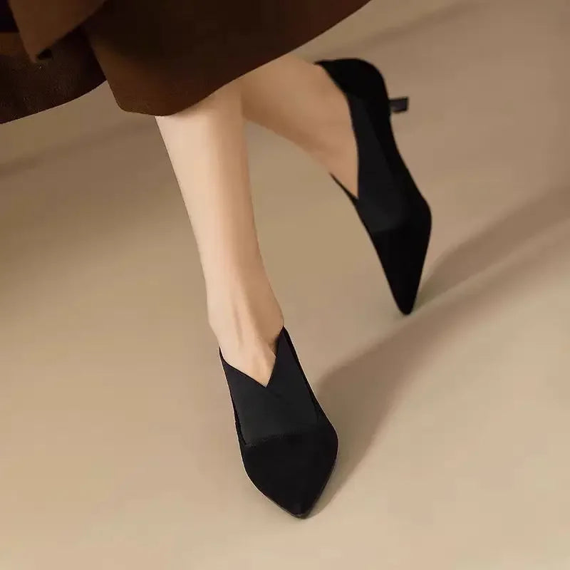 Women’s French Retro Ankle Boots - Pointed Toe Kitten Heels with Elastic Deep-Cut Design