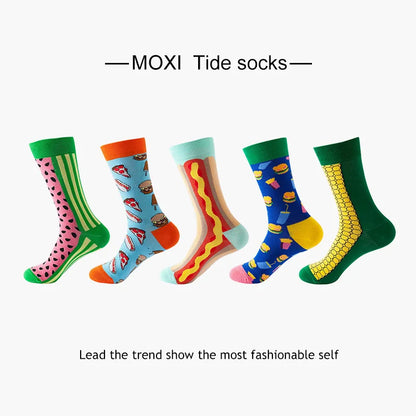 5-Pair Men’s Cotton Sports Socks Pack - Hip Hop Harajuku Pastel Print Long Tube Running Casual Socks