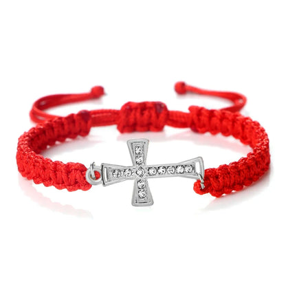 Crystal Cross Pendant Bracelet - Red & Black Braided Prayer Rope Jewelry Gift for Men & Women