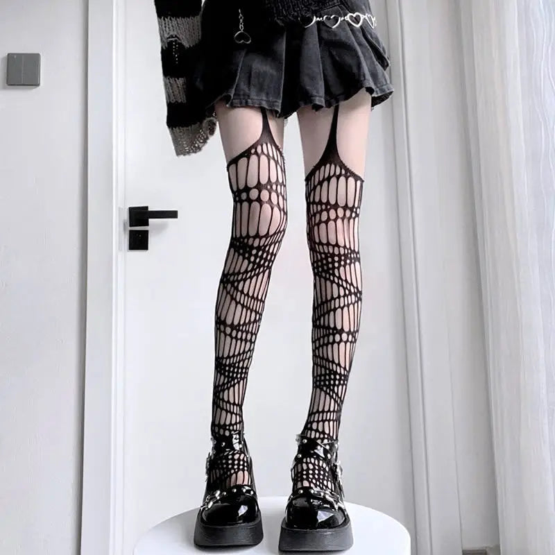 Women’s Gothic Bat Fishnet Stockings - Harajuku Emo Mesh Thigh High Tights with Sexy Alternative Lingerie Style