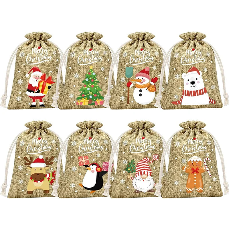 2025 Christmas Burlap Drawstring Gift Bag - Santa Candy Pouch for Holiday Present Packaging, Halloween & New Year Decor