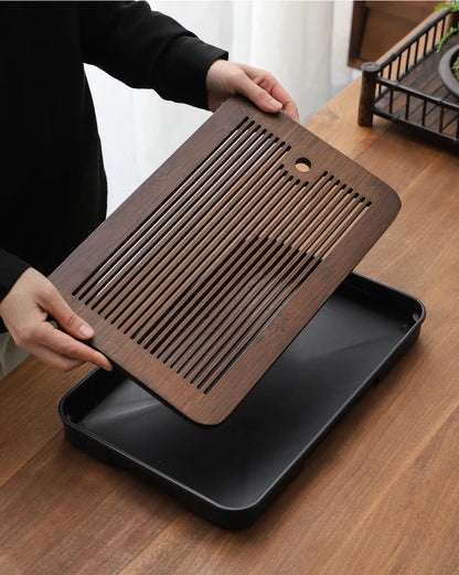 Square Bamboo Tea Tray with Drainage — Elegant Kung Fu Tea Set Tablett for Adults, Simple Chaban Tray for Tea Parties