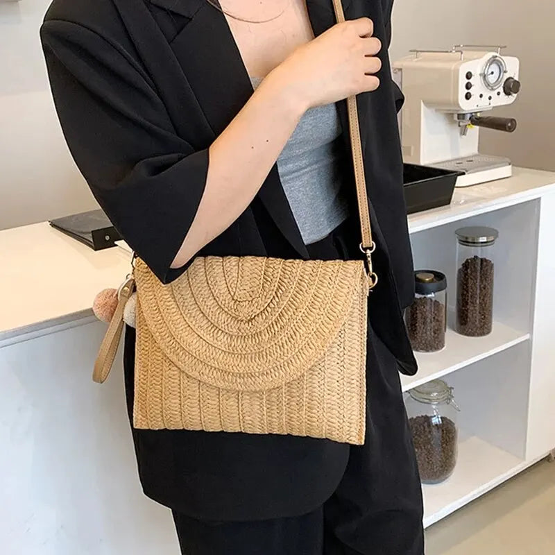 Handmade Straw Beach Bag – Small Woven Summer Shoulder Crossbody Clutch with Hair Ball