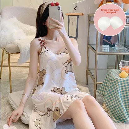 Women’s Cartoon Animal Pajama Set - Cute Loose Sling Nightgown with Bra Pad & Free Eye Mask for Sleepwear