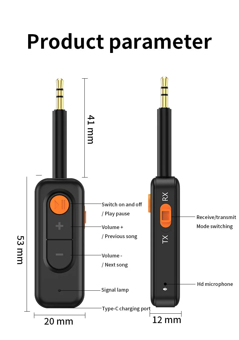 Bluetooth 5.4 Audio Transmitter Receiver – 3.5mm AUX HiFi Stereo Wireless Adapter with Mic for Car, Airplane, TV, PC & Headphones
